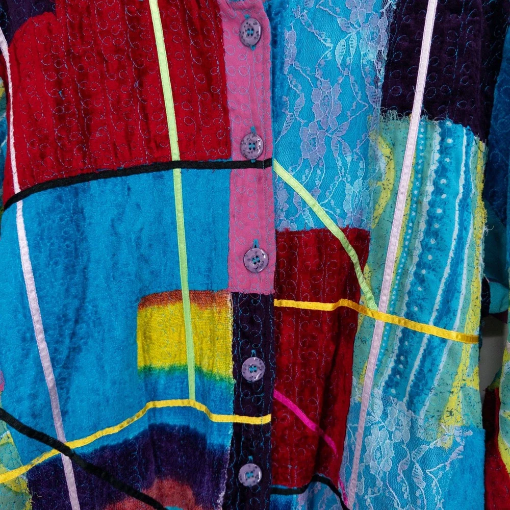 Colorful Patchwork Jacket Womens 1X Art to Wear‎ Lace Velvet Maximalist 90s Boho